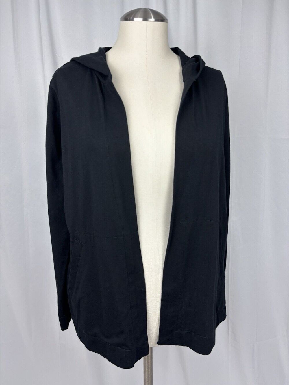 Eileen Fisher Lightweight Hooded Open Front Cotton Jersey LS Cardigan Black XS
